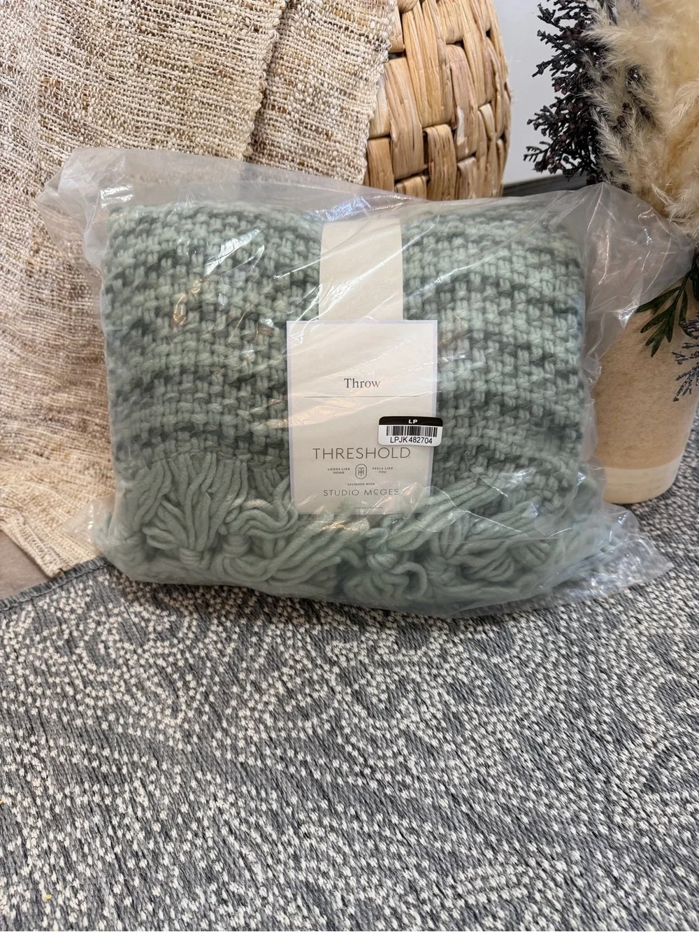 Studio McGee Mint Sage Knit Throw with Fringe